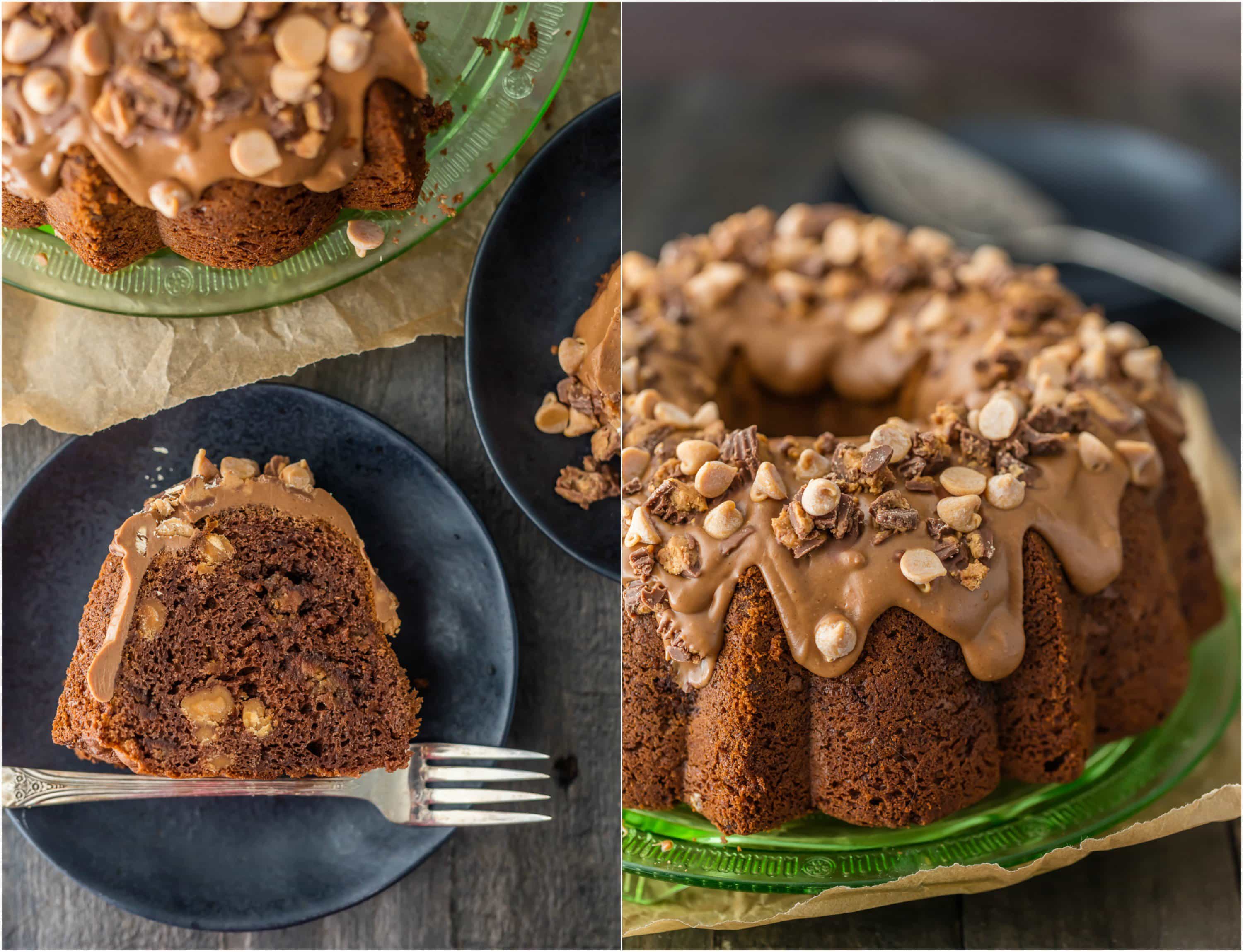 CHOCOLATE PEANUT BUTTER CUP POUND CAKE is the ultimate bundt cake recipe! Topped with a decadent peanut butter icing, this indulgent cake is perfect for the holidays!