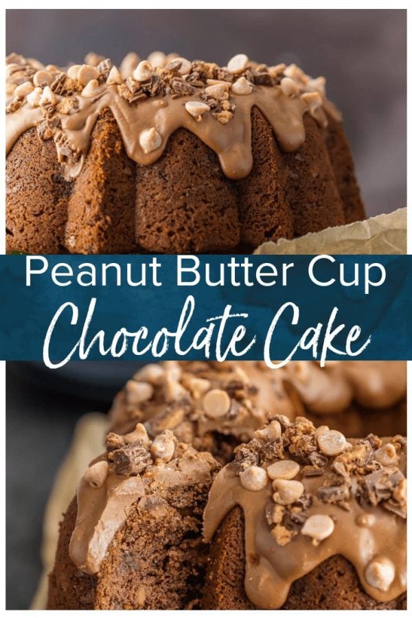 This CHOCOLATE PEANUT BUTTER CAKE is the ultimate bundt cake recipe! The cake is made with peanut butter AND peanut butter cups, and then topped with a decadent peanut butter icing. All that peanut butter makes this indulgent cake the most amazing peanut butter chocolate cake recipe!