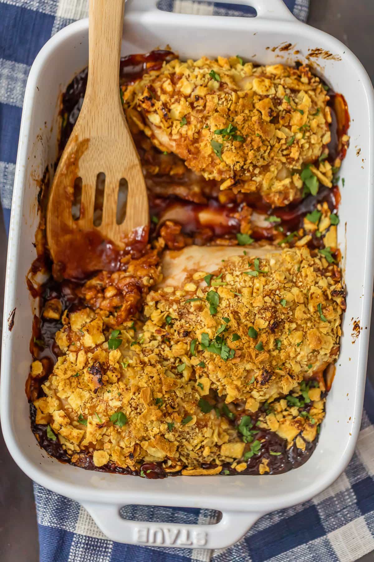 A casserole dish filled with baked bbq chicken