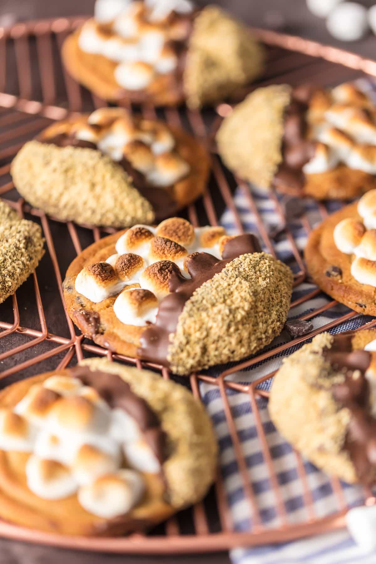 smores cookies on a copper wire rack