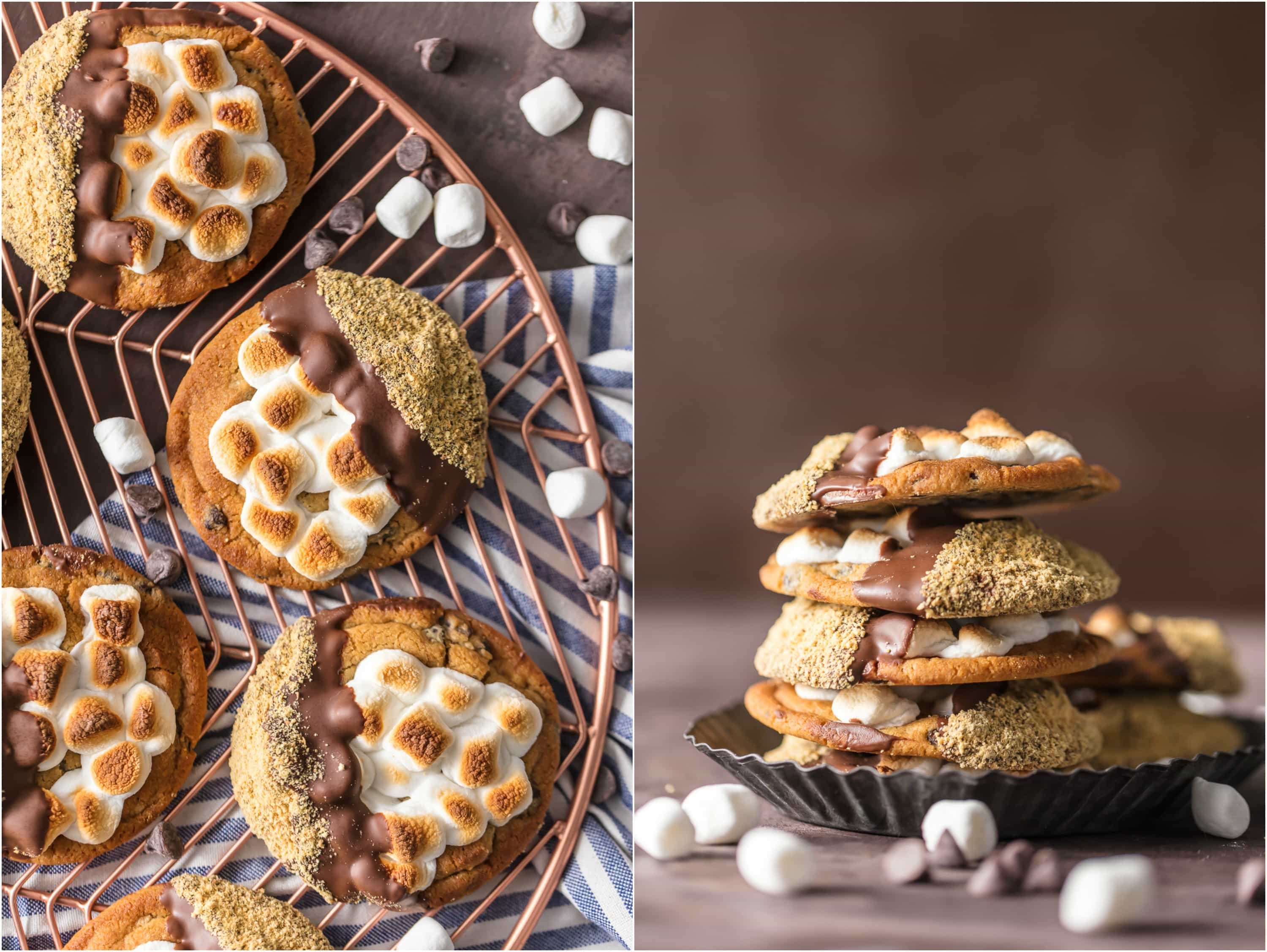 stack of s'mores cookies and cookies on a wire rack