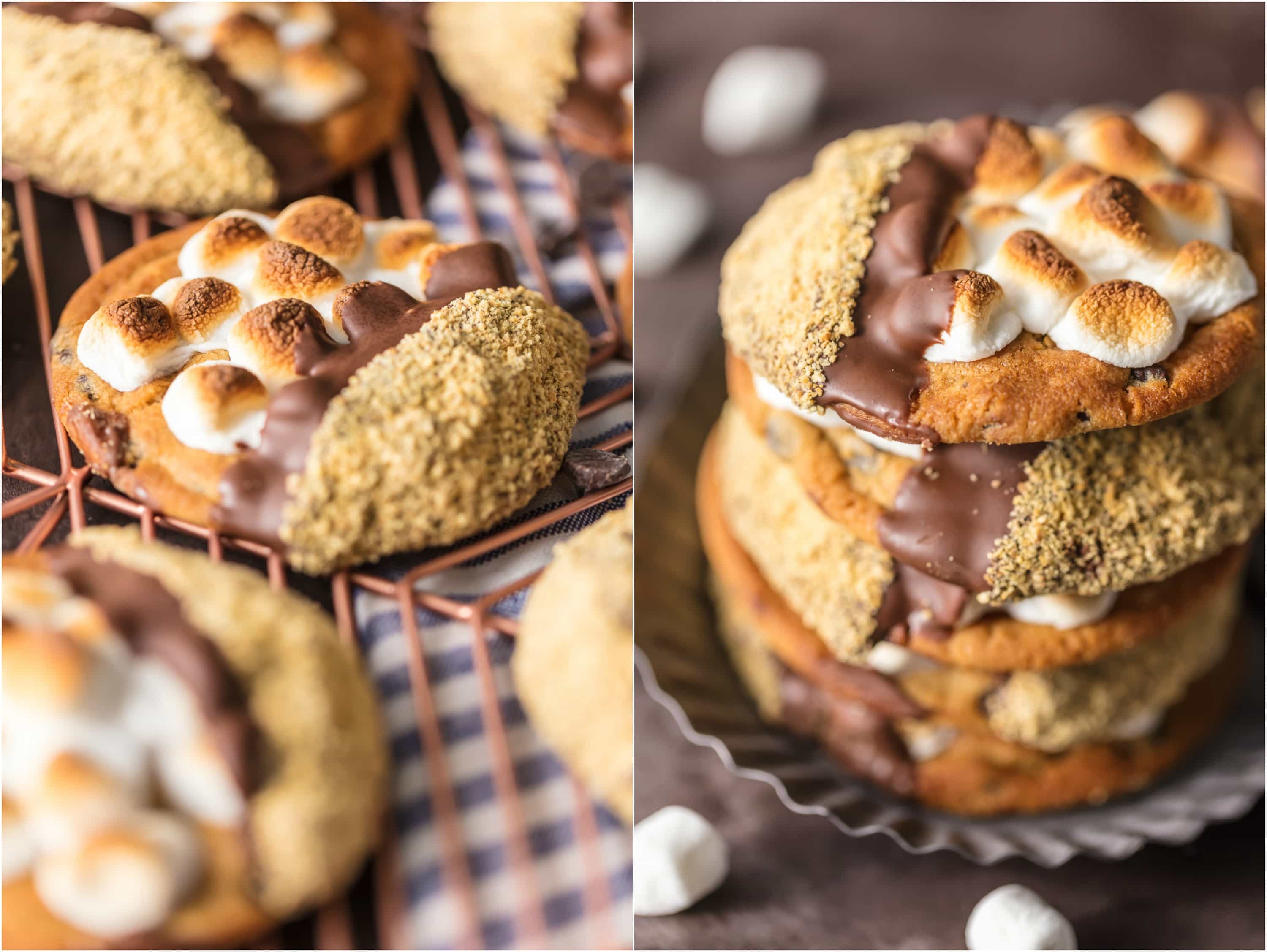 stacks of smores cookies with marshmallows, chocolate, and graham cracker crumbs