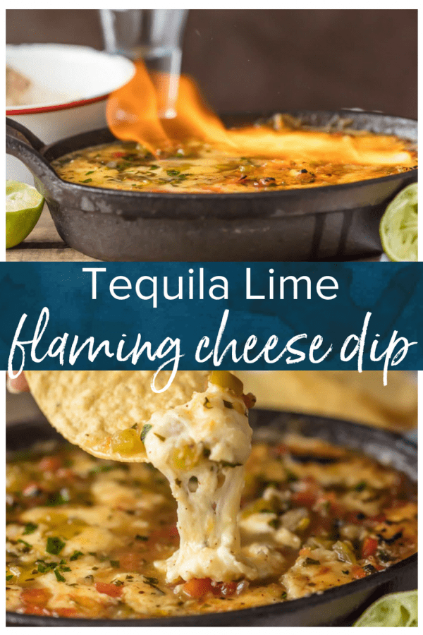 TEQUILA LIME FLAMING CHEESE DIP is the most fun way to eat cheese dip! This delicious queso is loaded with pico and green chiles, topped with a chili lime reduction, and then doused in tequila and lit on fire. It's the ultimate New Year's Eve or Super Bowl appetizer!