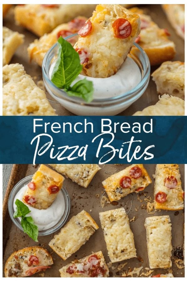 FRENCH BREAD PIZZA BITES are the easiest and tastiest cheesy appetizer! These mini french bread pizzas are loaded with garlic butter, cheese, and all of your favorite toppings. They make a great appetizer (the perfect party food), but we may just eat them as an entire meal!