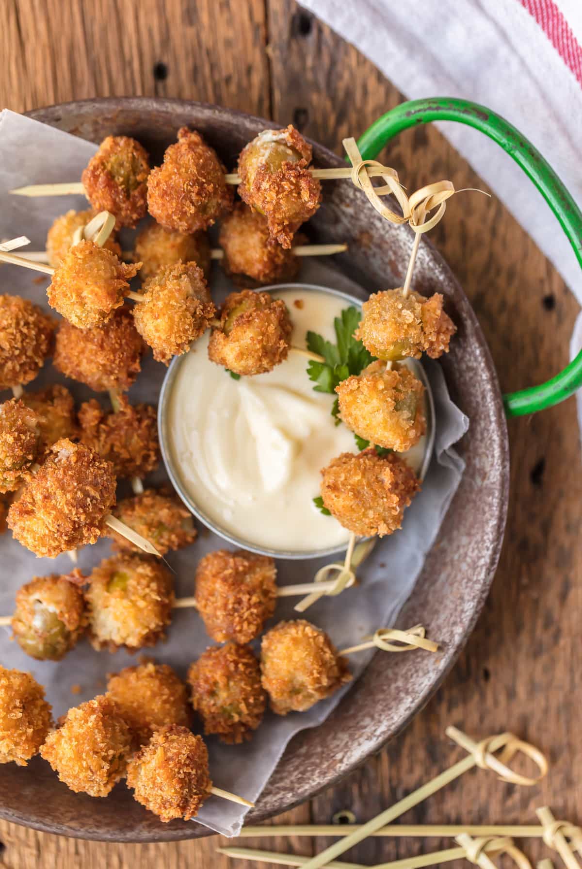 Fried and Stuffed Olives with Garlic Aioli Sauce