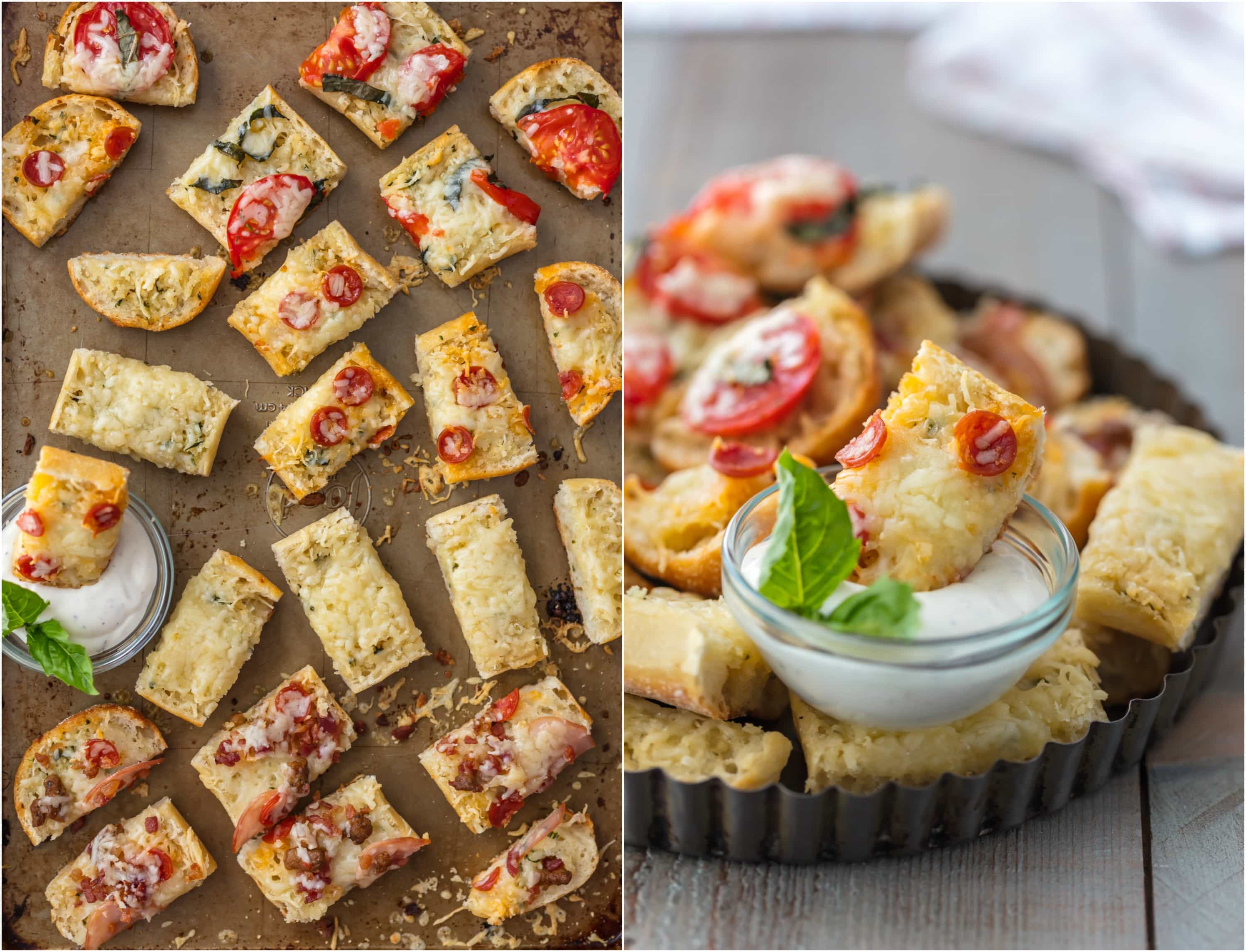 These GARLIC BUTTER FRENCH BREAD PIZZA BITES are the easiest and tastiest cheesy appetizer! Loaded with garlic butter, cheese, and all your favorite toppings! I say these are an appetizer, but we may just eat them as an entire meal!