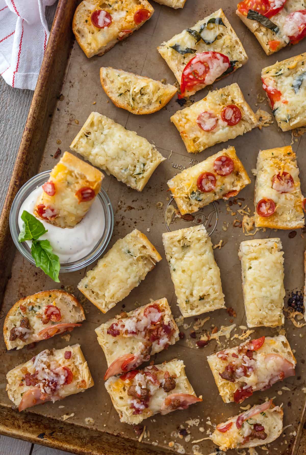 Garlic Bread Pizza Bites on a baking sheet