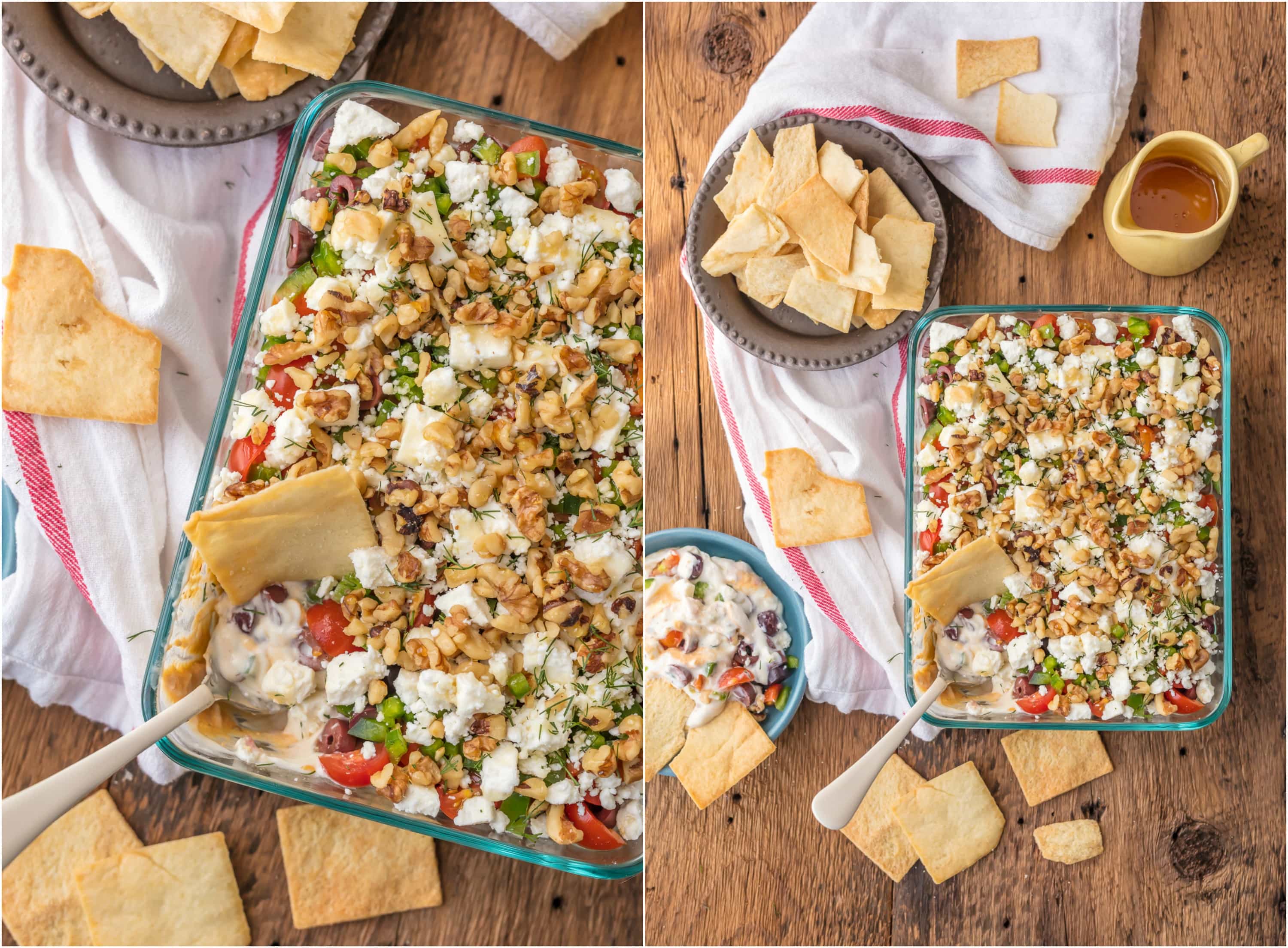 GREEK 7 LAYER DIP is a fun twist on a classic appetizer. This delicious dip is the perfect sharable app for Christmas, NYE, or any reason for tailgating. Layers of hummus, greek yogurt, feta, and so much more make it SO addicting!