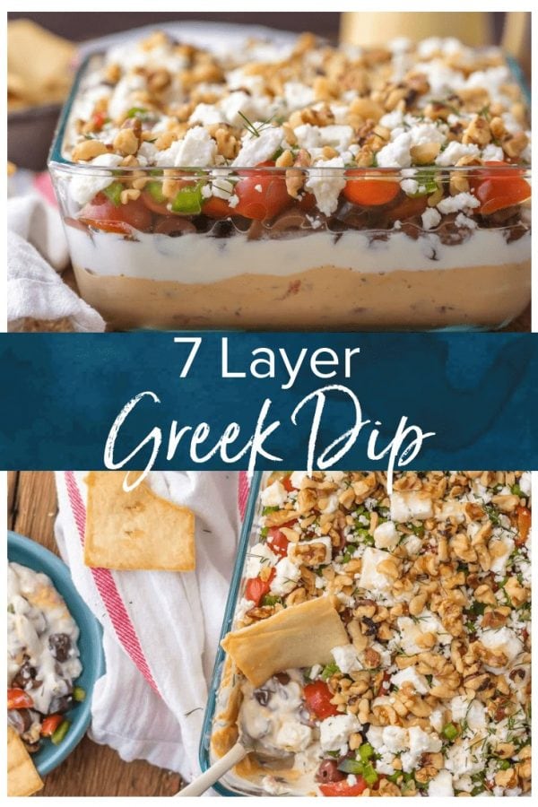 7 Layer GREEK DIP is a fun twist on a classic appetizer. This delicious 7 layer dip recipe is the perfect shareable appetizer for Christmas, New Year's Eve, or for tailgating. Seven delicious layers of hummus, greek yogurt, feta, and all of the best Mediterranean inspired ingredients make it a seriously addicting dip!