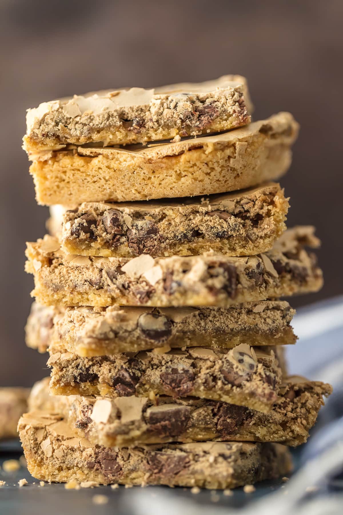 Chocolate chip cookie bars stacked on top of each other