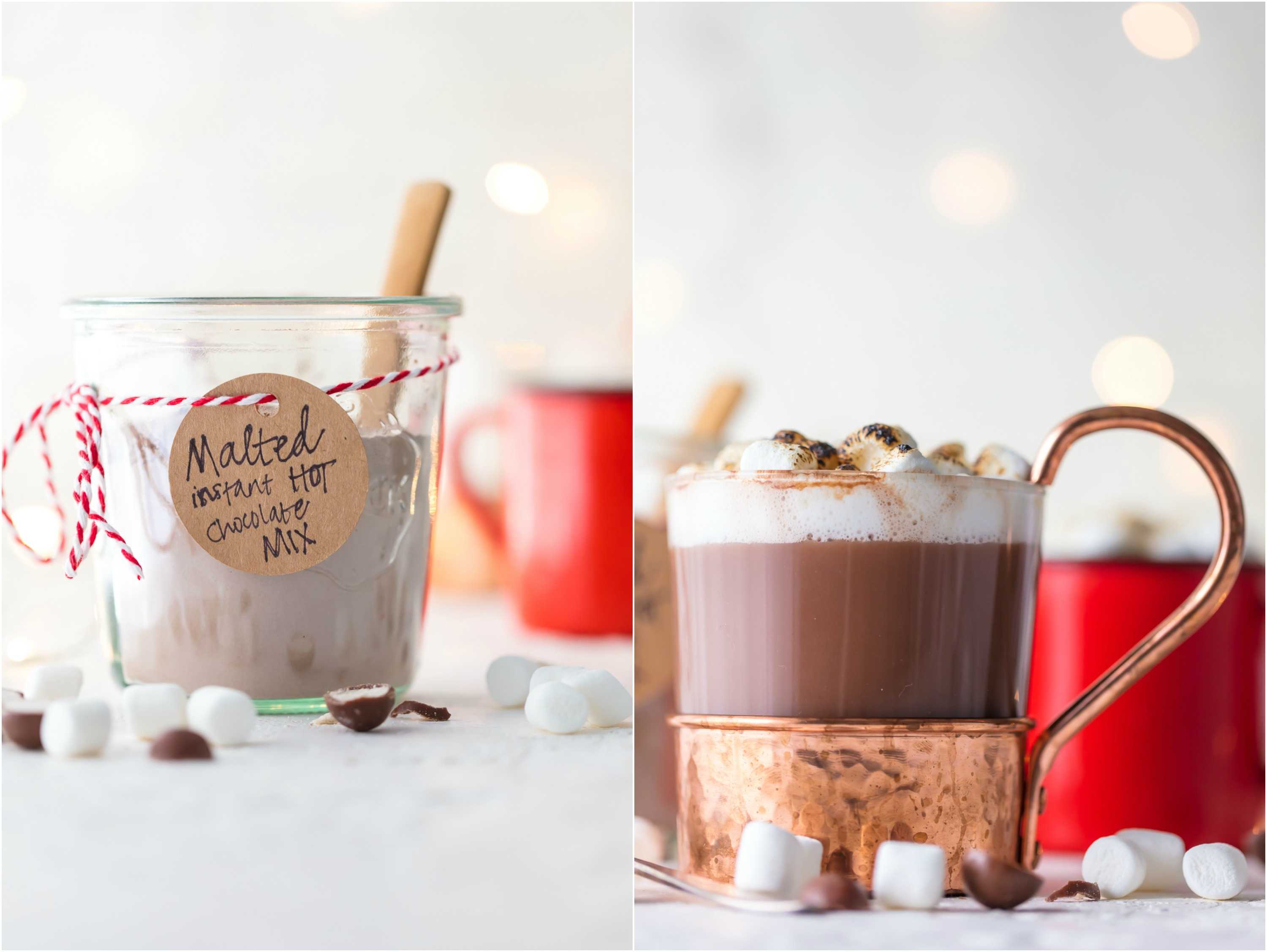 MALTED INSTANT HOT CHOCOLATE MIX is so easy to make at home and perfect for homemade Christmas gifts! You'll never buy premade mix again! The added malt flavor takes it over the top and makes it one of my most favorite versions of hot cocoa!