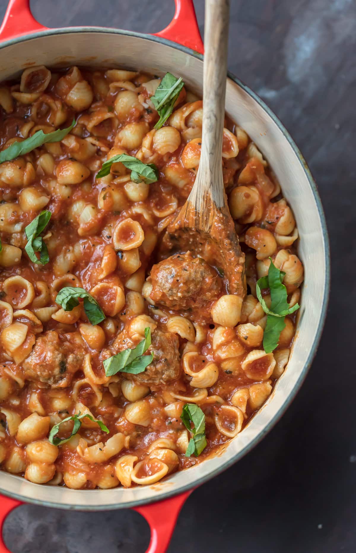 Meatball Parmesan Soup with pasta, parmesan meatballs, and more