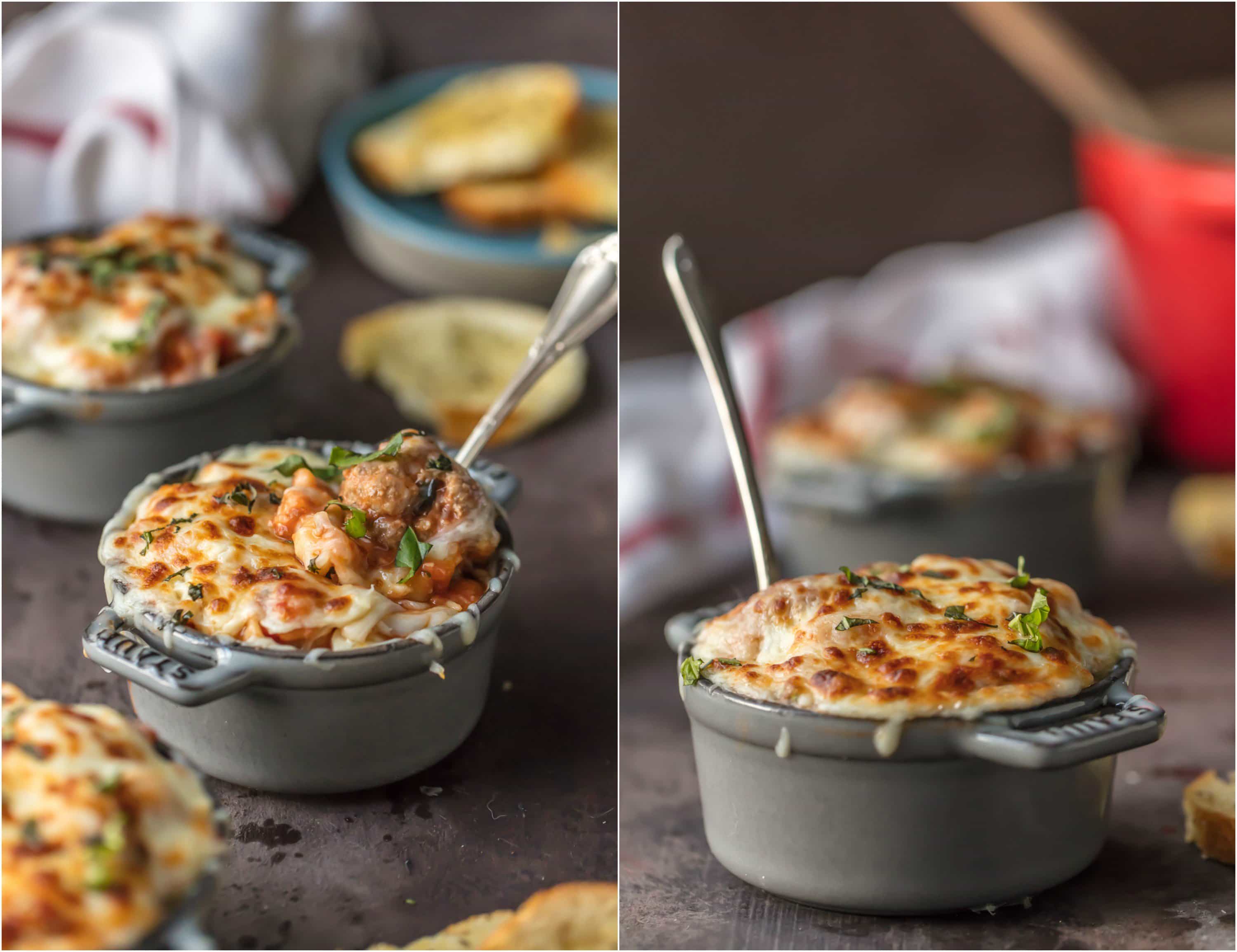 CHEESY MEATBALL PARMESAN SOUP is the ultimate comfort food! Hearty Meatball Parm Soup topped with melted cheese and basil just might be the best soup you've had all year.