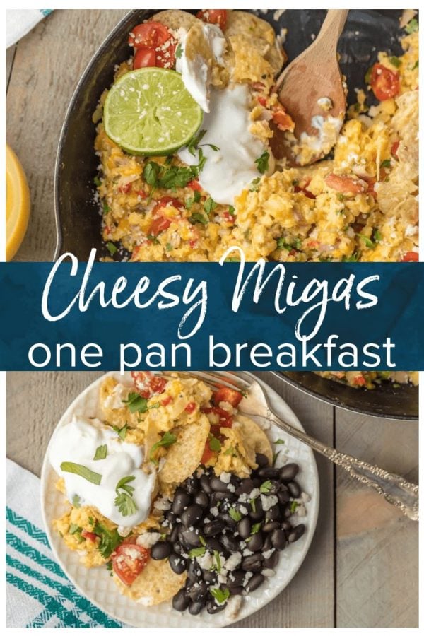 CHEESY MIGAS are a family favorite breakfast recipe for Christmas morning! This Tex-Mex migas recipe is made up of scrambled eggs, lots of cheese, veggies, tortilla chips, and so much more. It's an easy skillet breakfast the entire family will love!