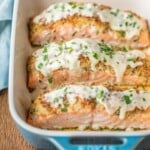 parmesan crusted white wine dijon salmon in a baking dish