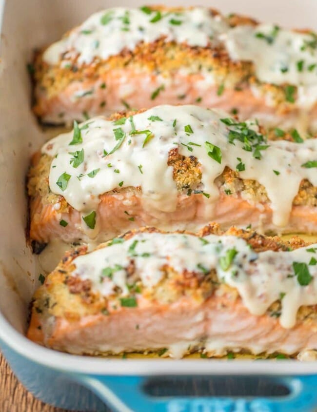 parmesan crusted white wine dijon salmon in a baking dish