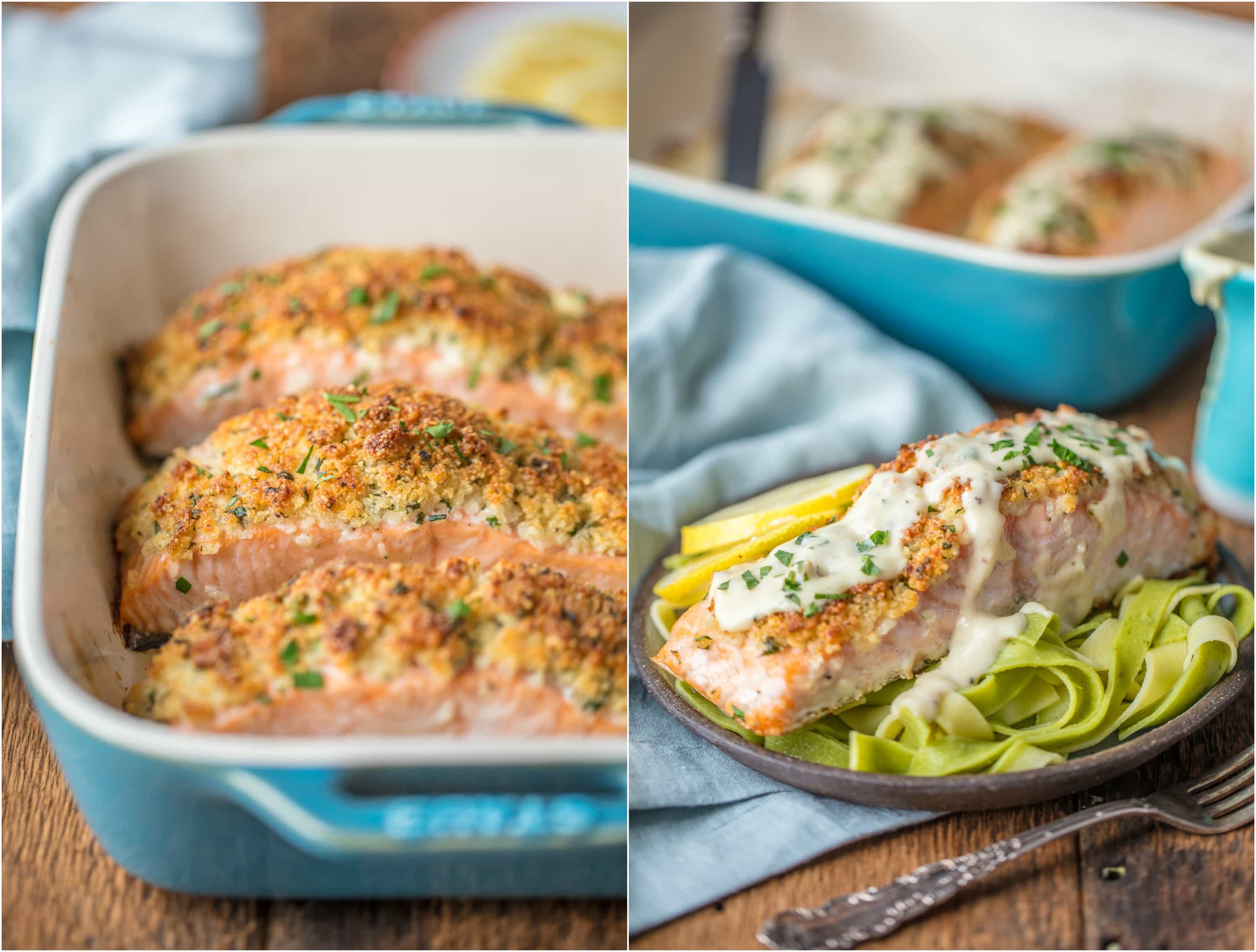 Salmon on a bed of pasta and in a baking dish