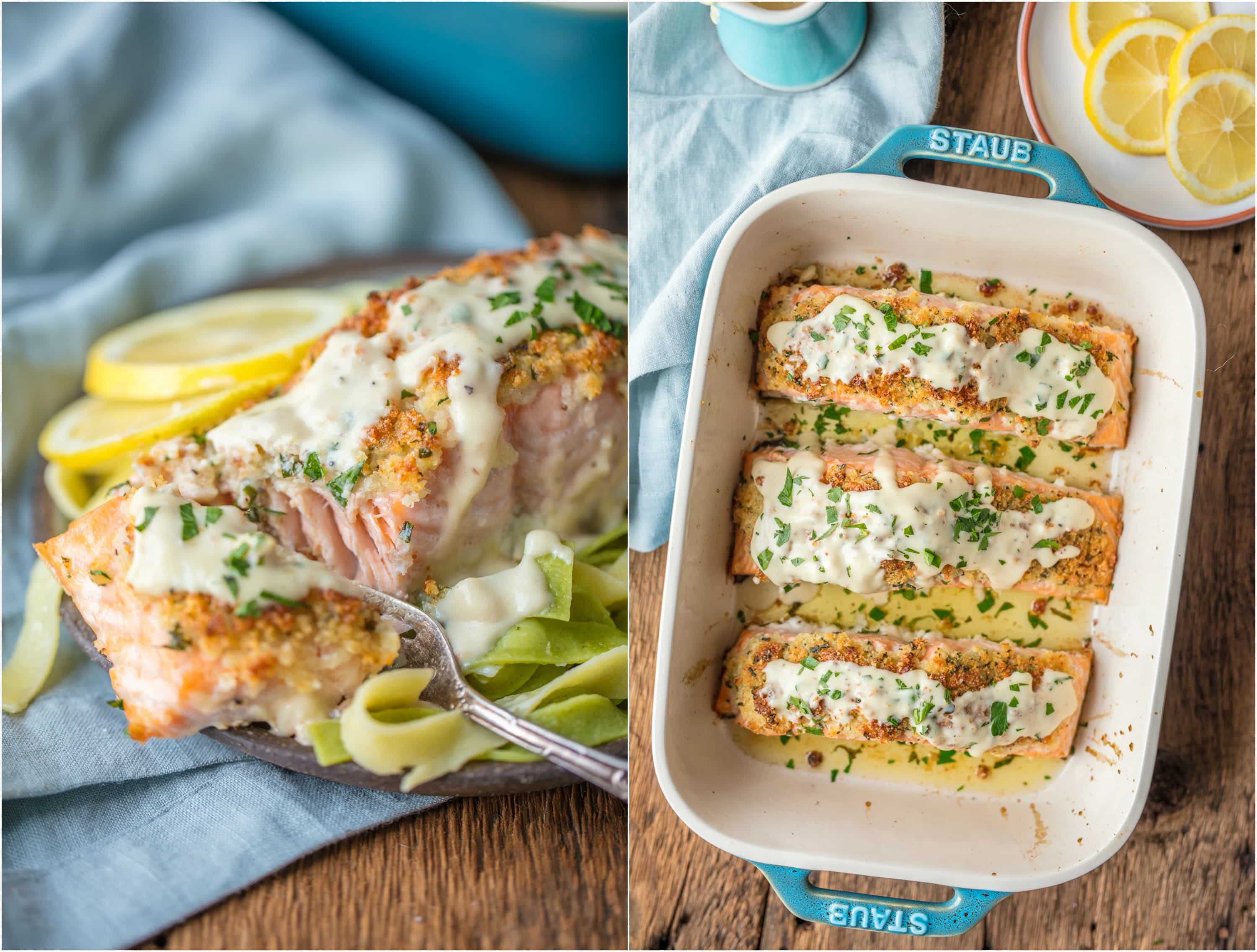 Salmon on a plate with fork and in a baking dish