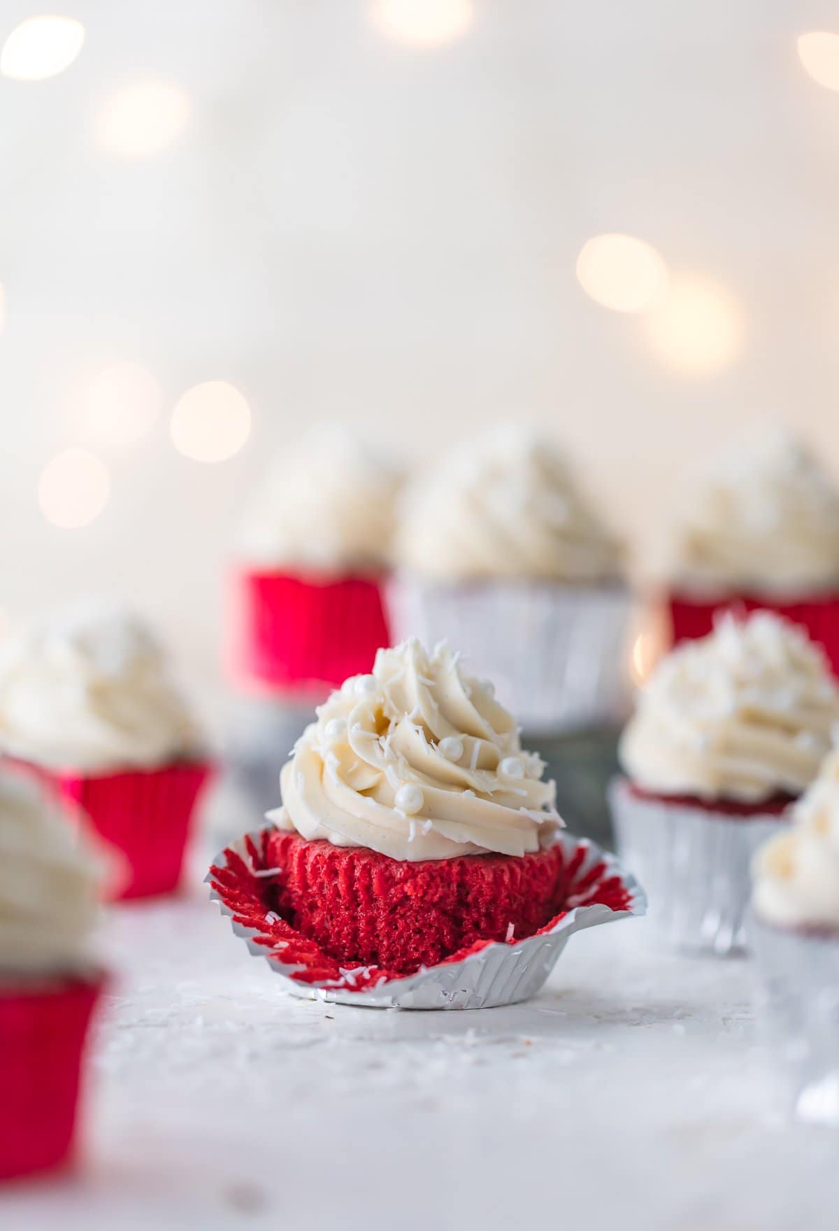 Red velvet cupcakes in silver cupcake liners