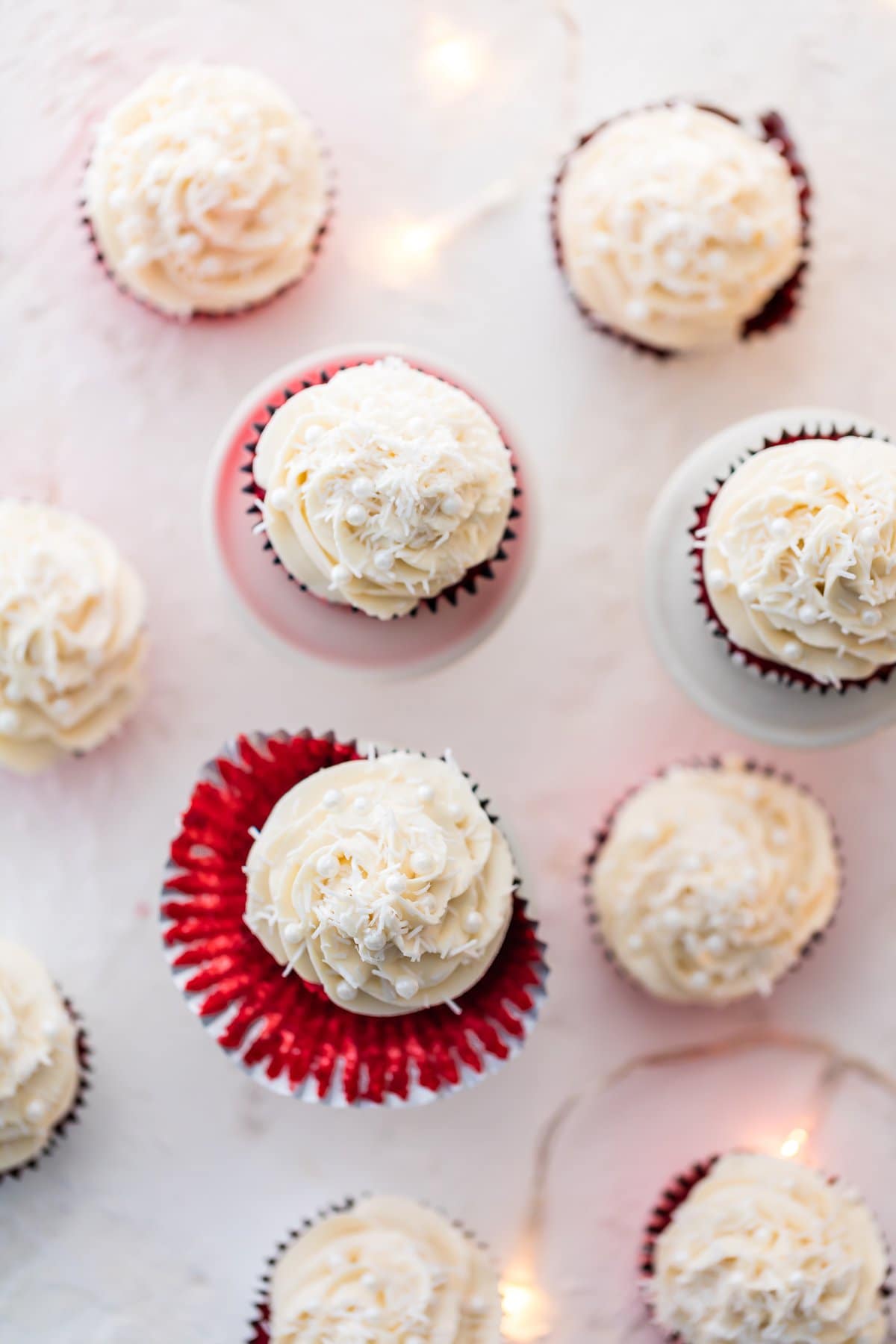 Red velvet cupcakes viewed from above