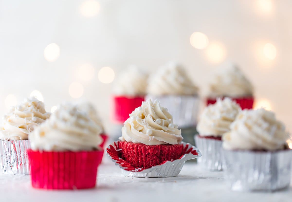 Red velvet cupcakes topped with frosting