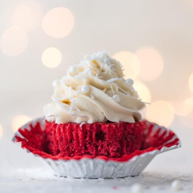 A delectable red velvet cupcake displayed on a plate.