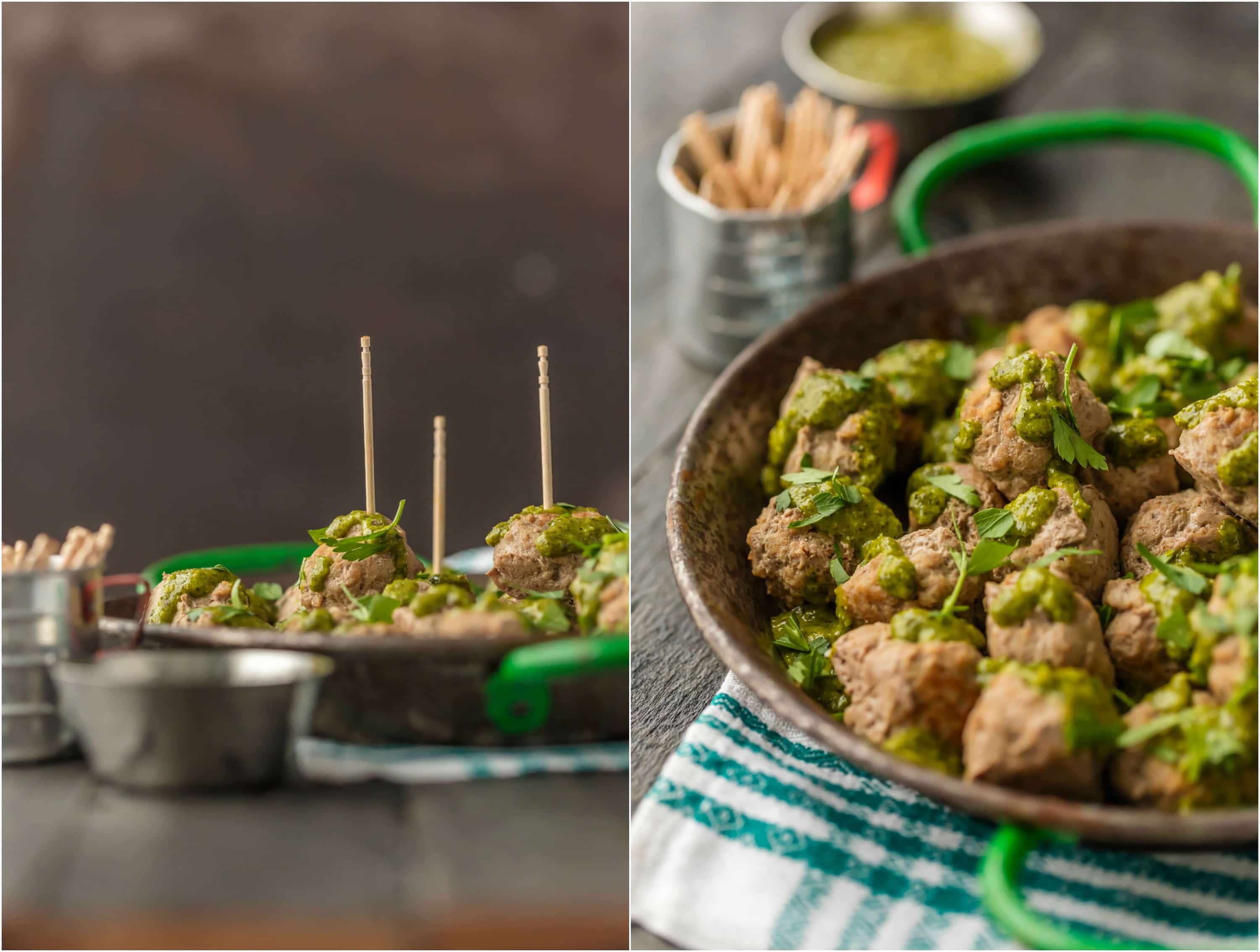 These PERUVIAN DROP MEATBALLS WITH GREEN SAUCE are the perfect holiday or Super Bowl appetizer! The green sauce, made with a parsley base, is just the right amount of spice. The meatballs are just the right amount of easy. Enjoy!