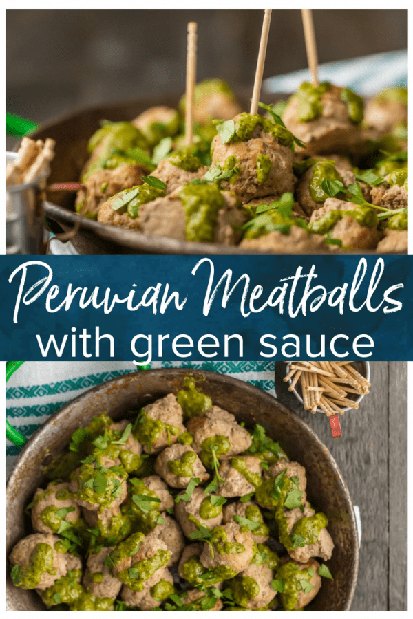 These PERUVIAN CHICKEN MEATBALLS WITH GREEN SAUCE are the perfect holiday or Super Bowl appetizer! The Peruvian green sauce, made with a parsley base, is just the right amount of spicy. The drop meatballs are just the right amount of easy.