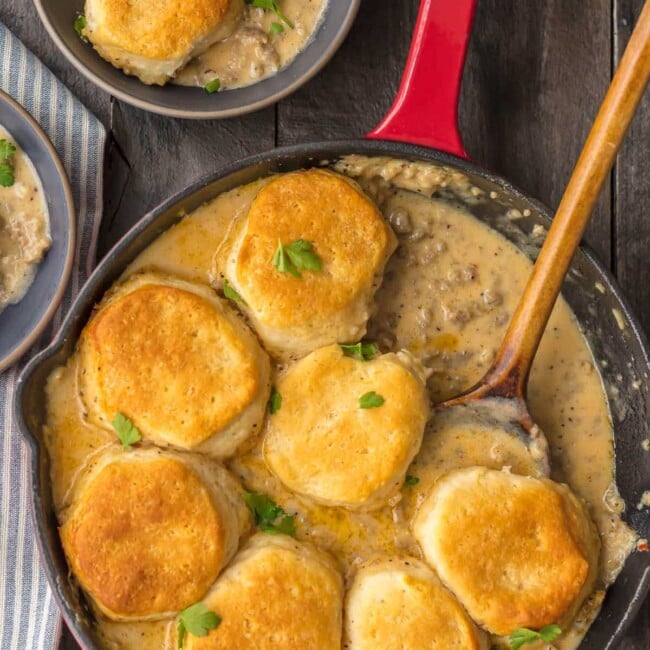 skillet with sausage biscuits