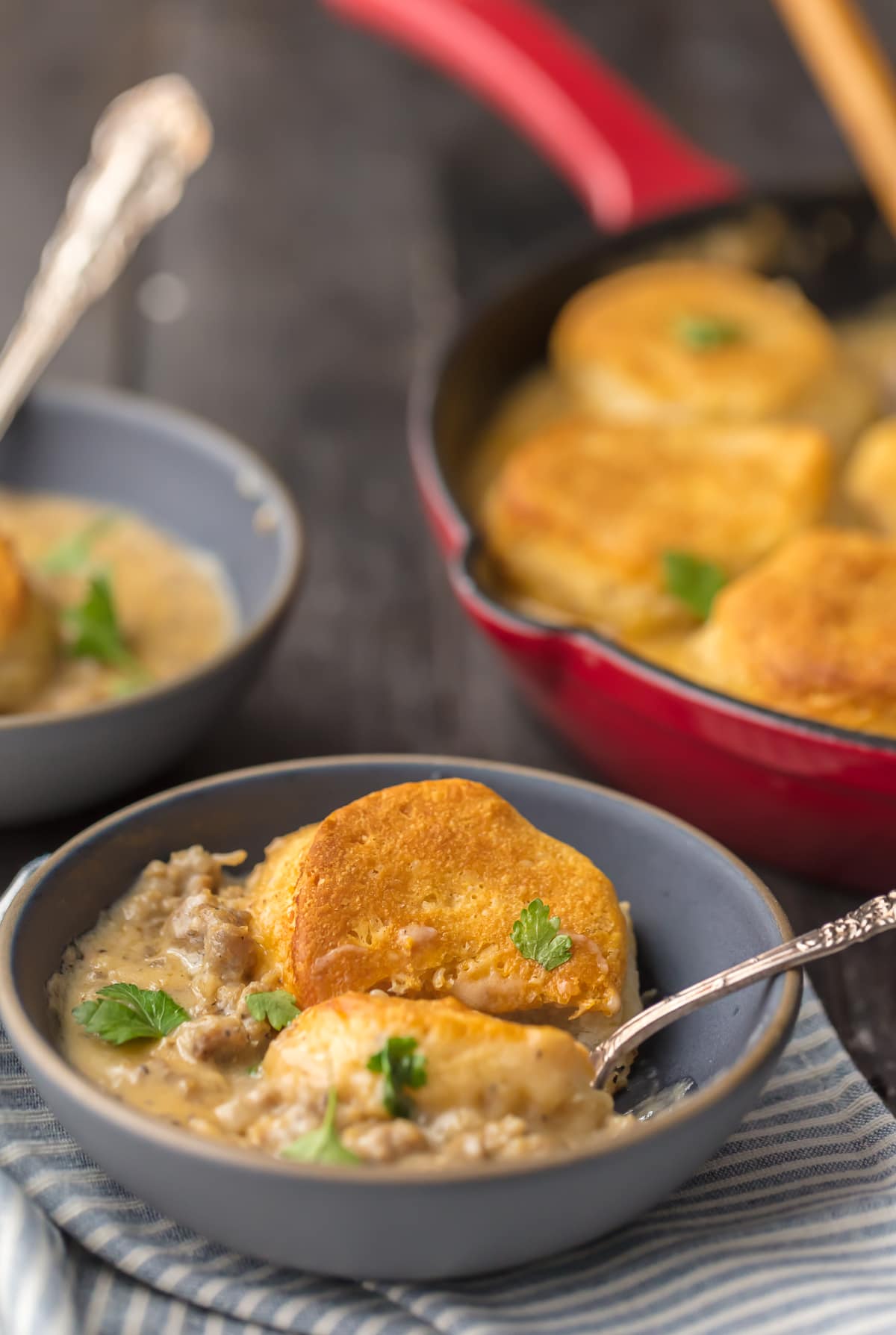 Sausage and biscuits with gravy in a bowl