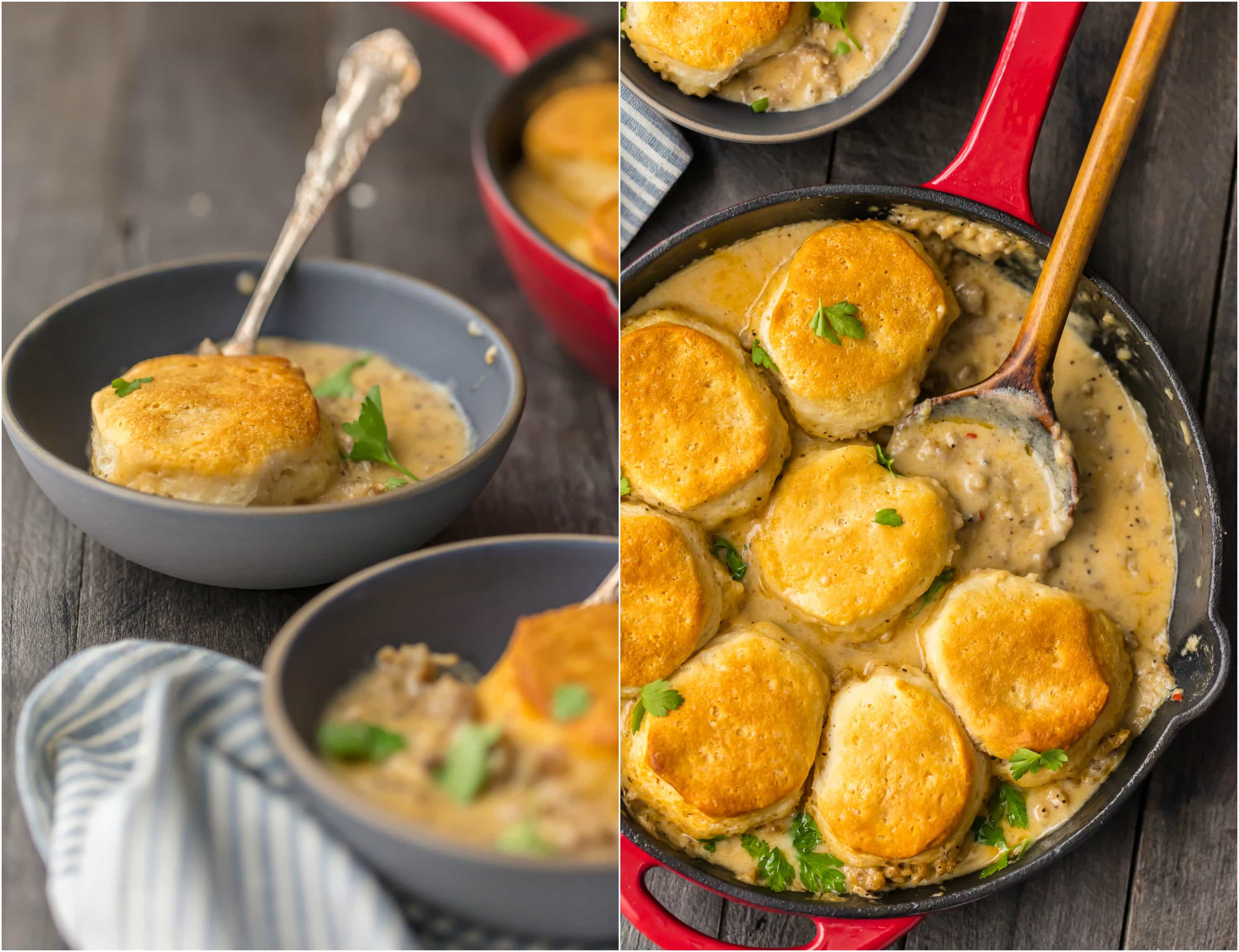 SAUSAGE BISCUITS AND GRAVY SKILLET COBBLER! So easy and delicious! This is our very favorite Christmas morning breakfast and for good reason! Holiday comfort food at its finest.