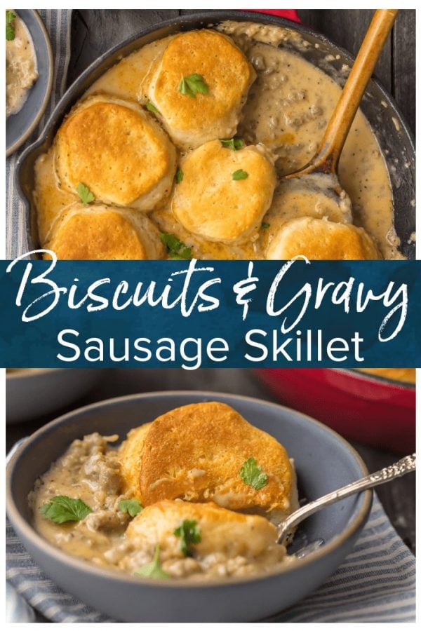 SAUSAGE BISCUIT GRAVY COBBLER is a delicious and easy one pan meal. This skillet breakfast recipe takes classic biscuits and gravy and makes it even better. This sausage and biscuits recipe has quickly become our very favorite Christmas morning breakfast and for good reason. Holiday comfort food at its finest! #biscuits #sausage #breakfast #christmas #onepan #thecookierookie