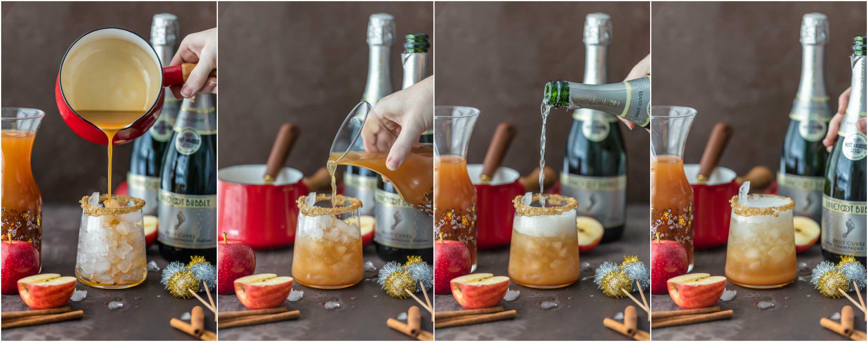 SPARKLING APPLE PIE ON THE ROCKS is the perfect Fall cocktail! Cinnamon Apple Cider mixed with Caramel Apple Simple Syrup and topped with bubbly champagne! BEST HOLIDAY DRINK EVER!