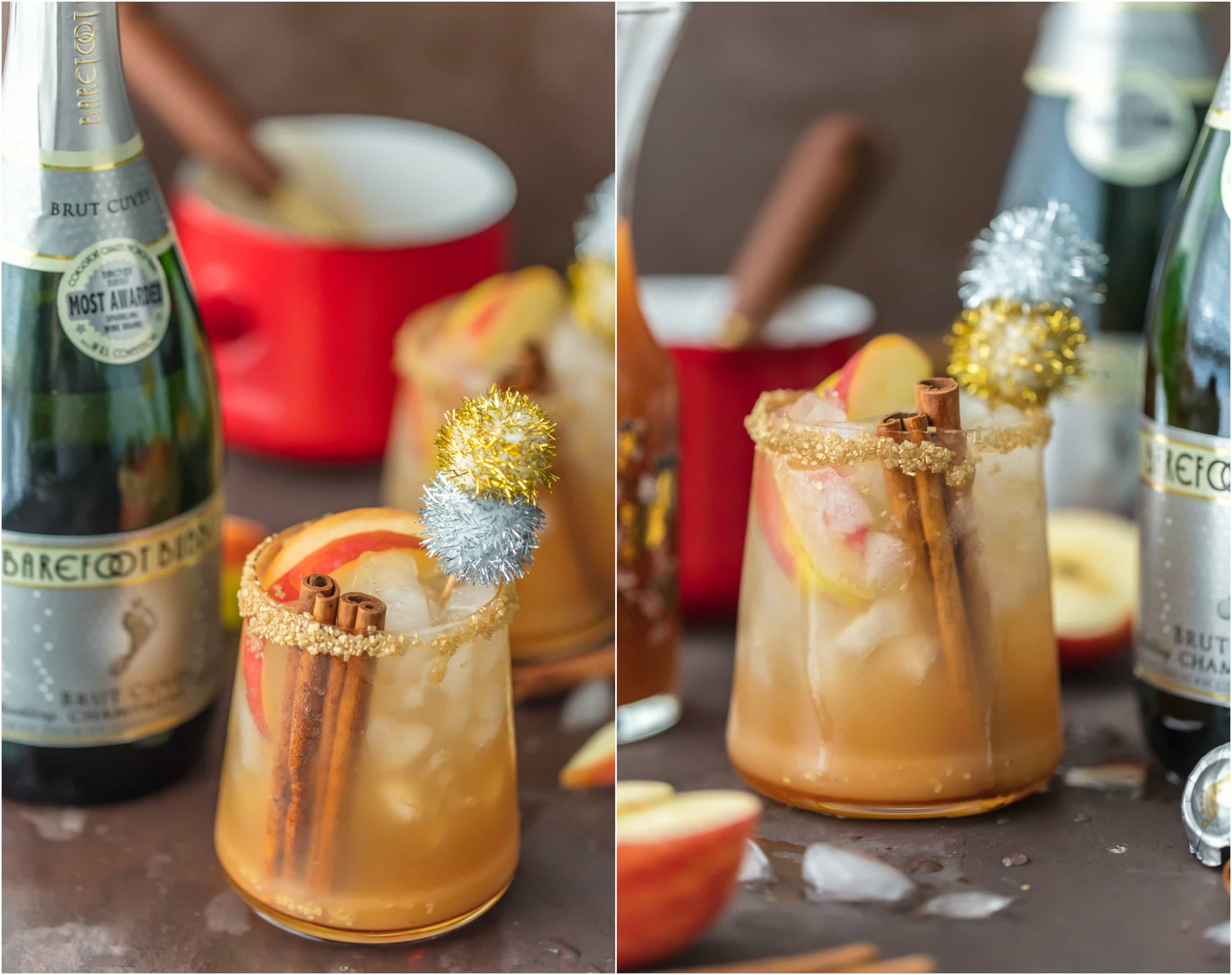 SPARKLING APPLE PIE ON THE ROCKS is the perfect Fall cocktail! Cinnamon Apple Cider mixed with Caramel Apple Simple Syrup and topped with bubbly champagne! BEST HOLIDAY DRINK EVER!