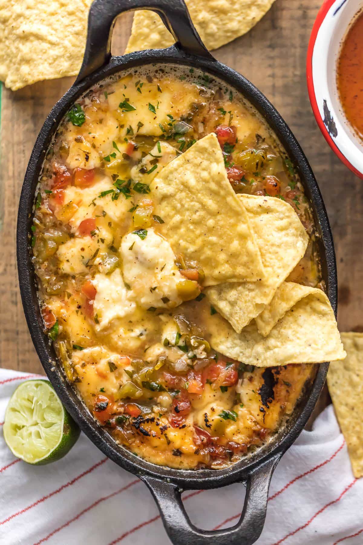 Tequila Lime Cheese Dip in cast iron dish