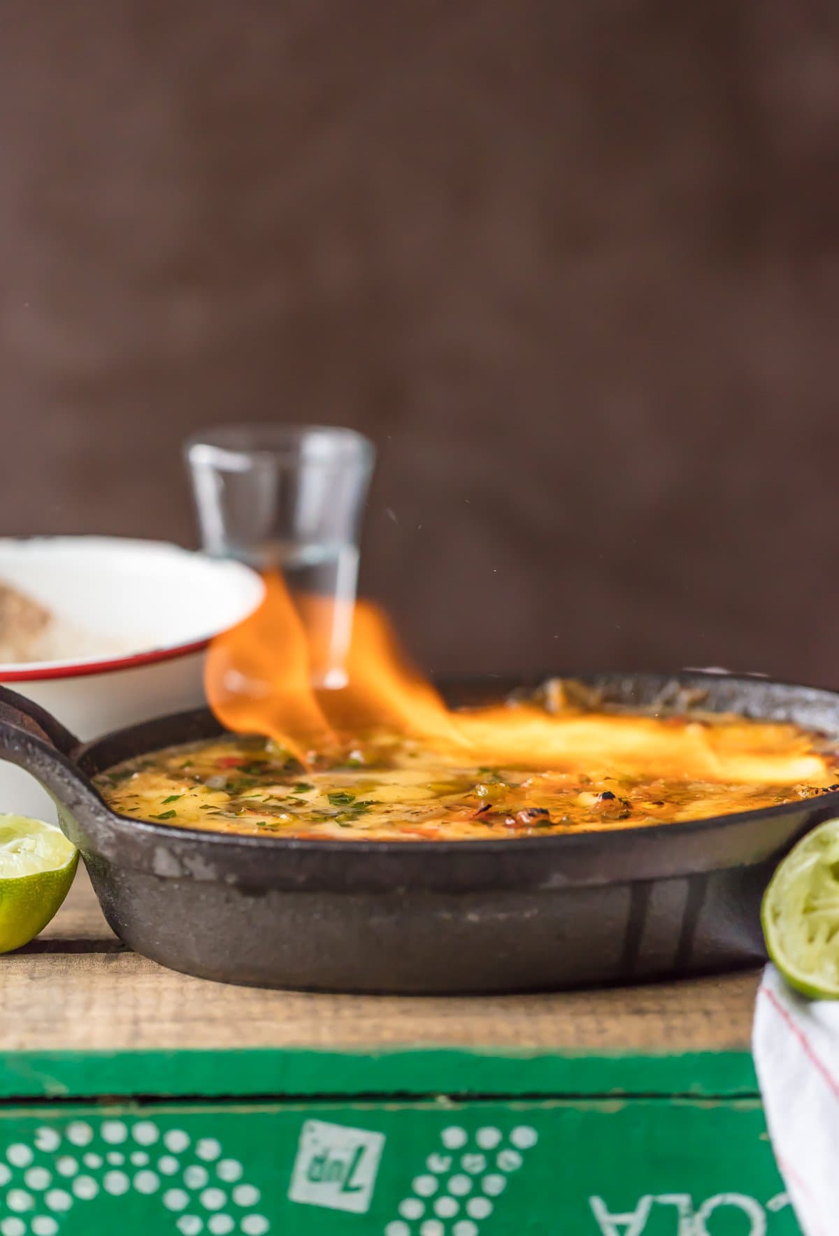 Tequila Lime Flaming Cheese Dip in a skillet