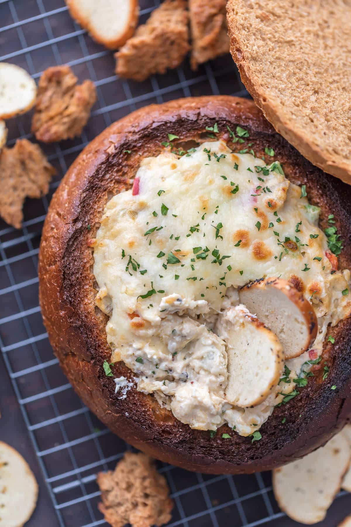 Warm Crab Artichoke Bread Bowl Dip