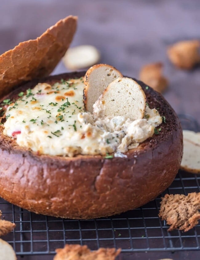 crab artichoke dip in bread bowl