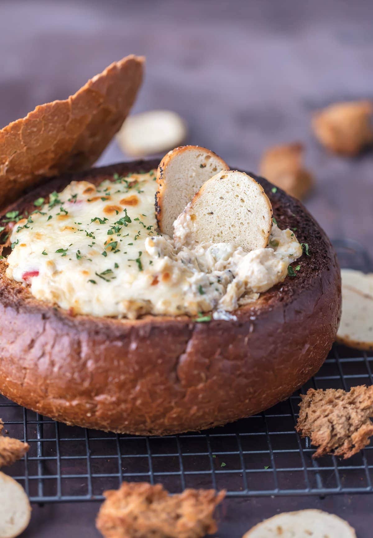 Crab Artichoke Dip in a bread bowl