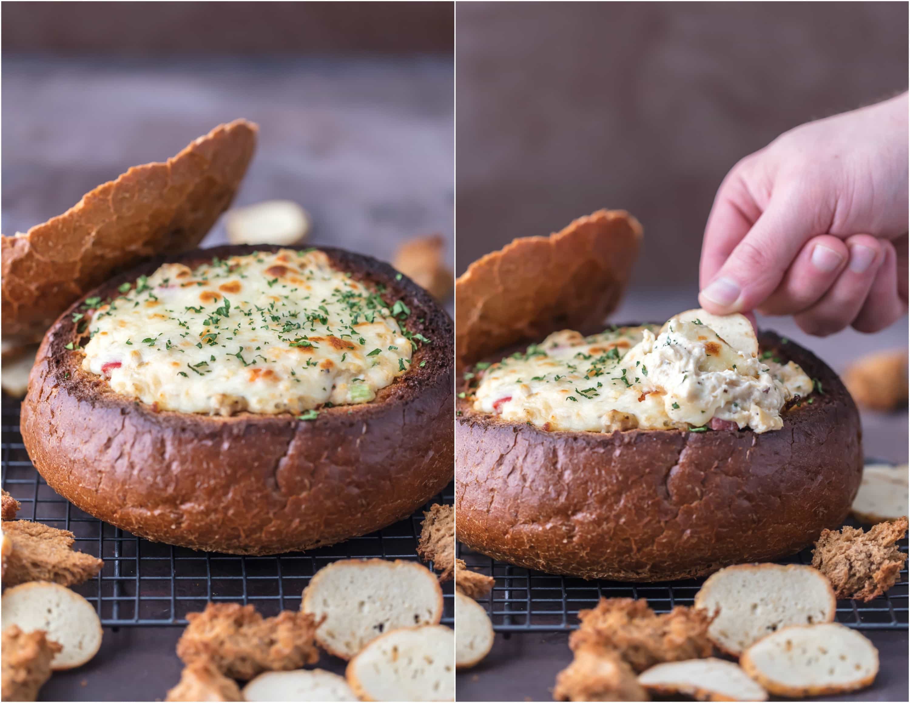 WARM CRAB ARTICHOKE DIP IN A BREAD BOWL is the perfect EASY appetizer for tailgating or celebrating with friends. The Super Bowl won't be the same without this simple, classy, and cheesy dip!