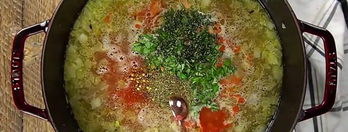 Adding all the soup ingredients to the pot. 