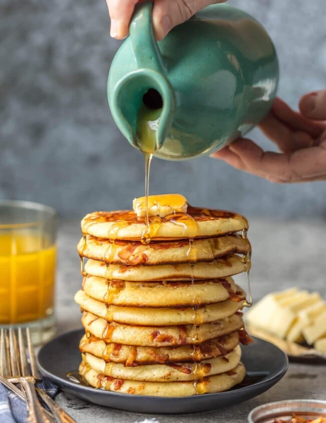 BACON PANCAKES have been a family favorite for years! We first had these savory pancakes and bacon bits at the Calgary Stampede in Canada and have been making them ever since. If you've been thinking about making Bacon Pancakes, today is the day! It's our favorite easy breakfast recipe. The savory/sweet combo just can't be beat!