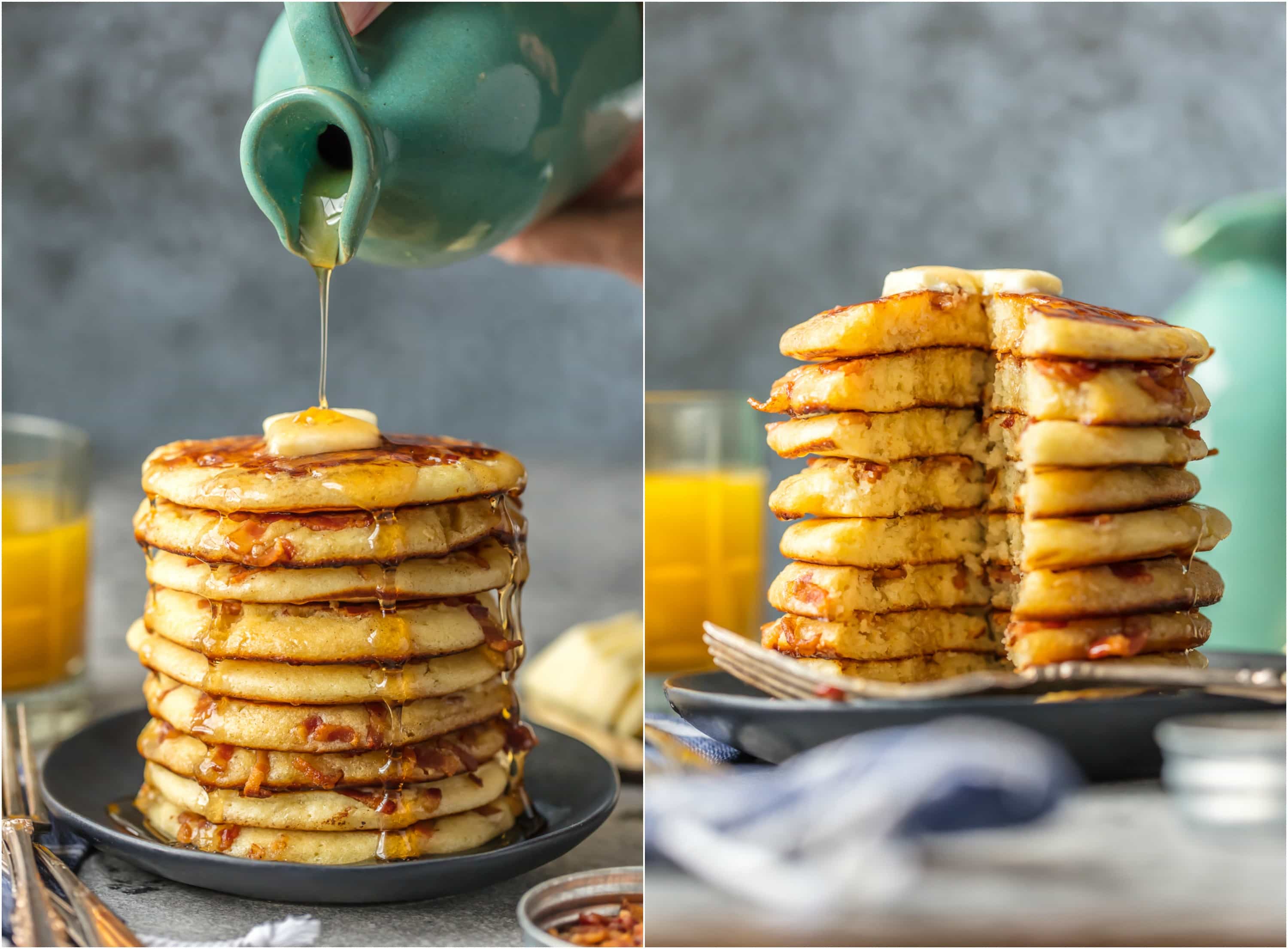 BACON PANCAKES have been a family favorite for years! We first had these savory pancakes and bacon bits at the Calgary Stampede in Canada and have been making them ever since. If you've been thinking about making Bacon Pancakes, today is the day! It's our favorite easy breakfast recipe. The savory/sweet combo just can't be beat!