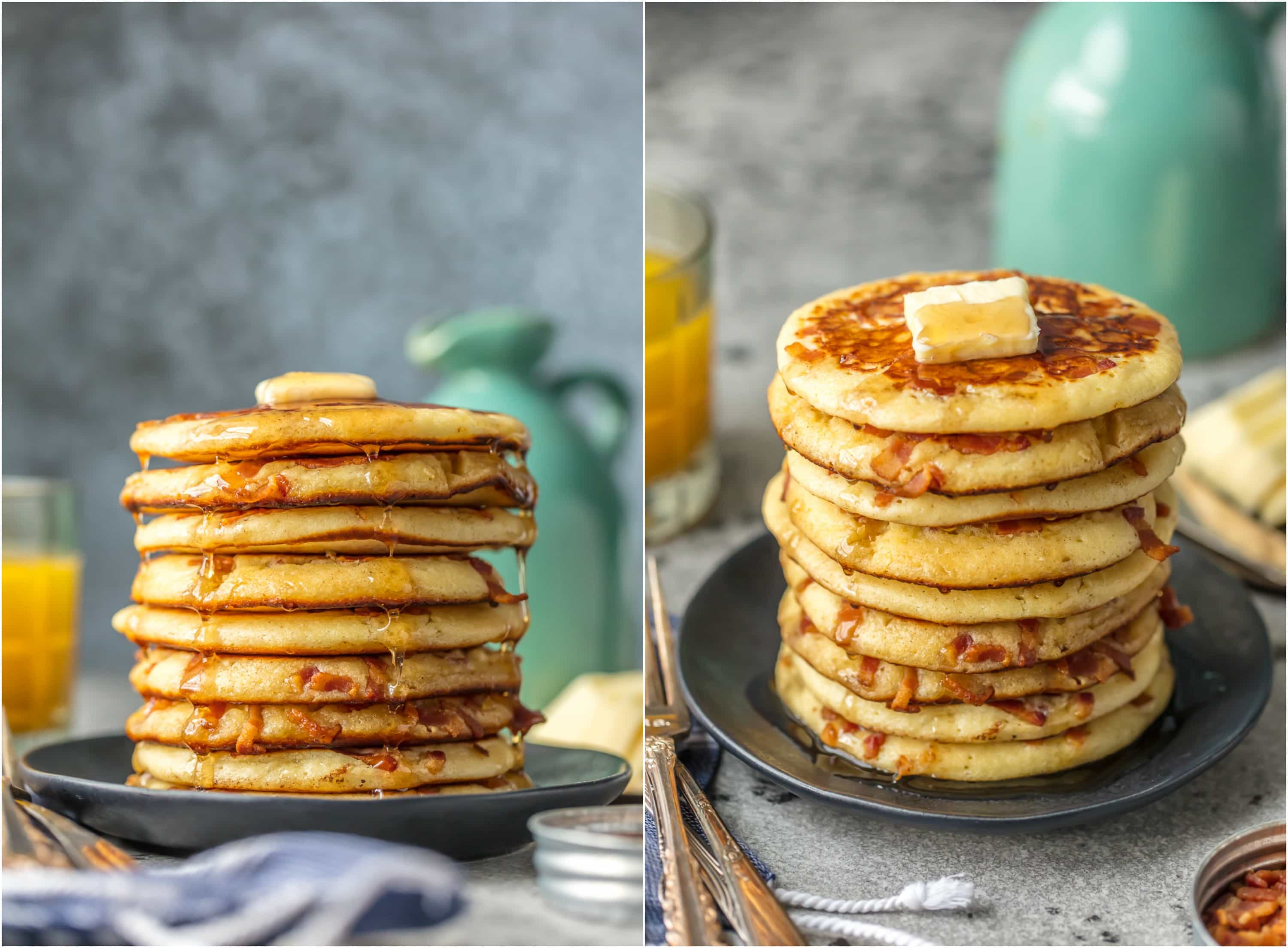 BACON PANCAKES have been a family favorite for years! We first had these savory pancakes and bacon bits at the Calgary Stampede in Canada and have been making them ever since. If you've been thinking about making Bacon Pancakes, today is the day! It's our favorite easy breakfast recipe. The savory/sweet combo just can't be beat!