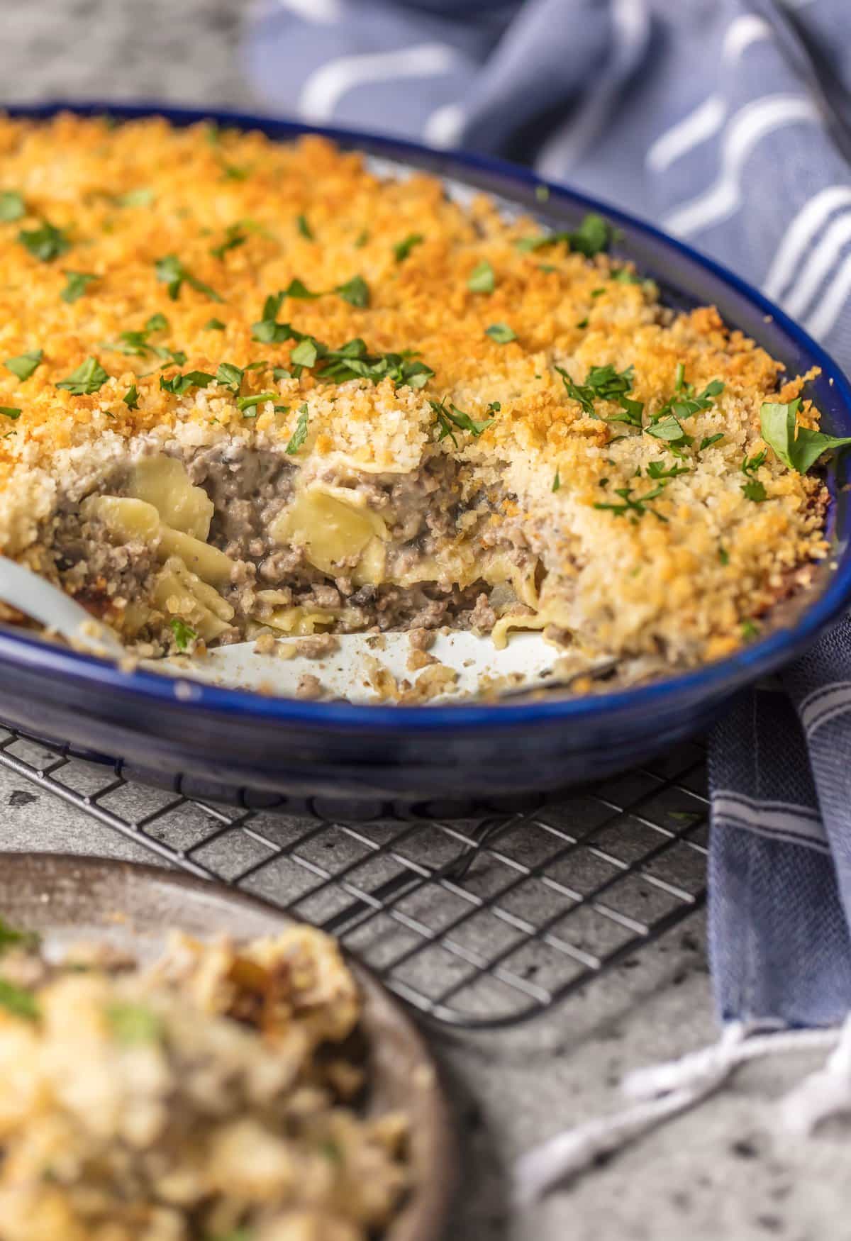 Casserole with a spoonful take out of it