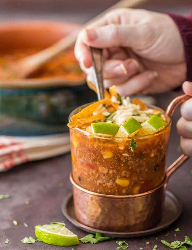BEEF TORTILLA SOUP is such an easy and delicious comfort food! Loaded with spices, corn, tomatoes, and everything you'd expect from the perfect tortilla soup. Top with shredded cheese, tortilla strips, and all the fixings for the ultimate easy tortilla soup!