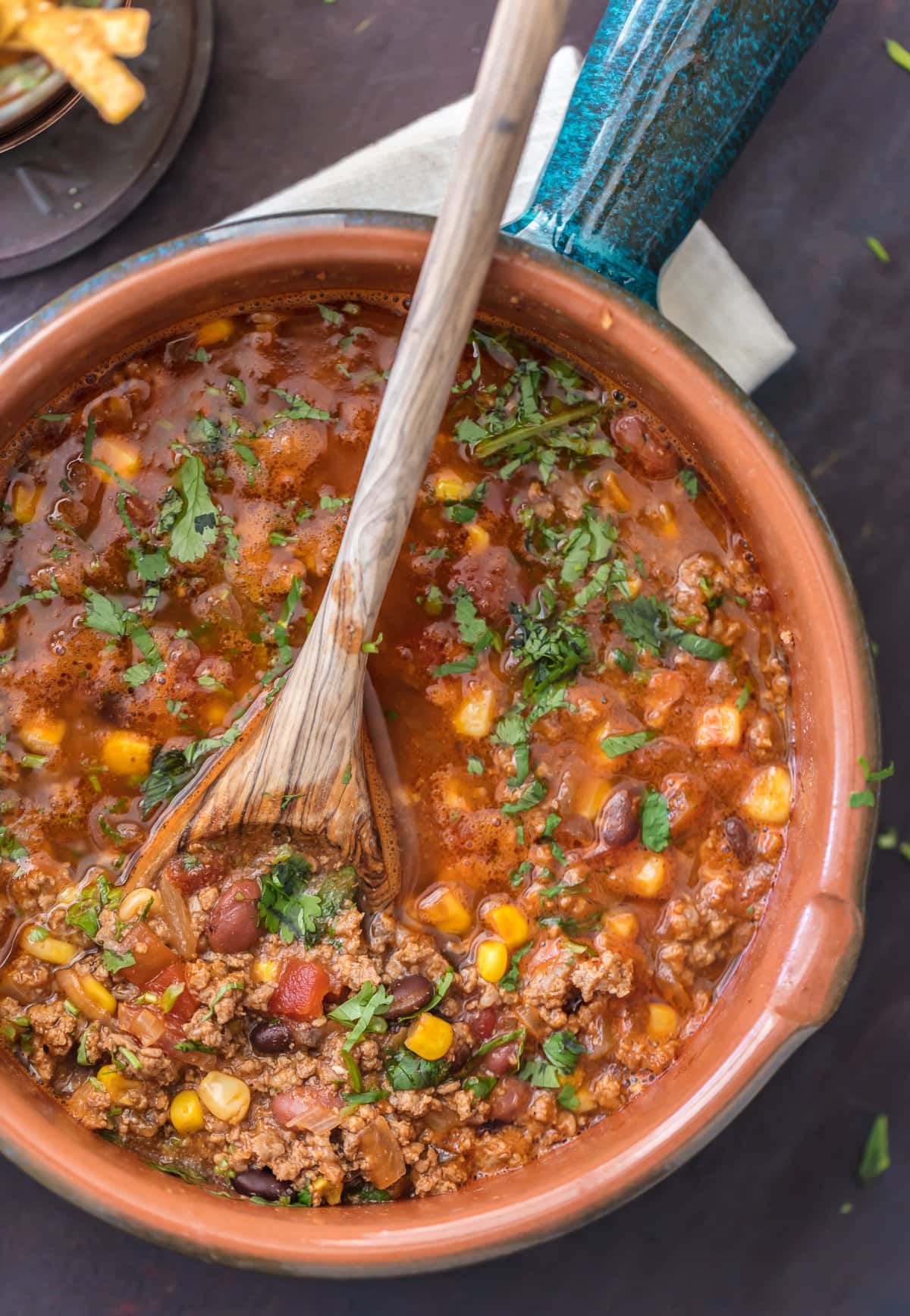 Easy tortilla soup recipe with beef, corn, beans, and more