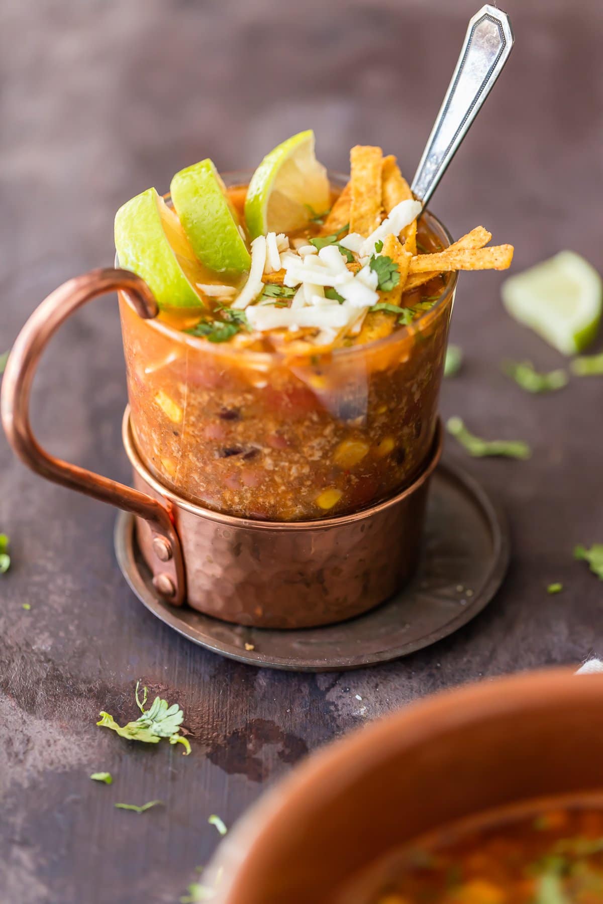 Beef Tortilla soup in a heat-proof mug