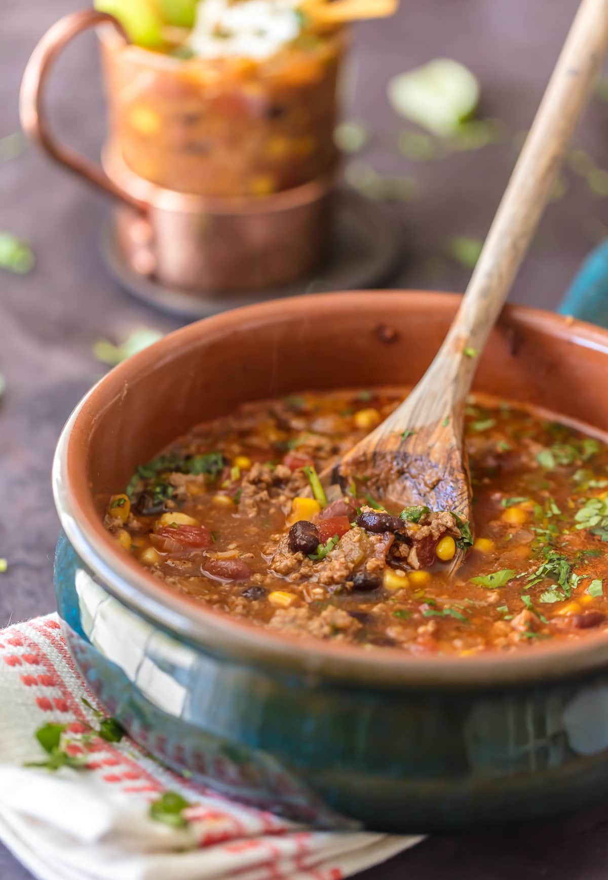 Beef Tortilla Soup in a ceramic bowl