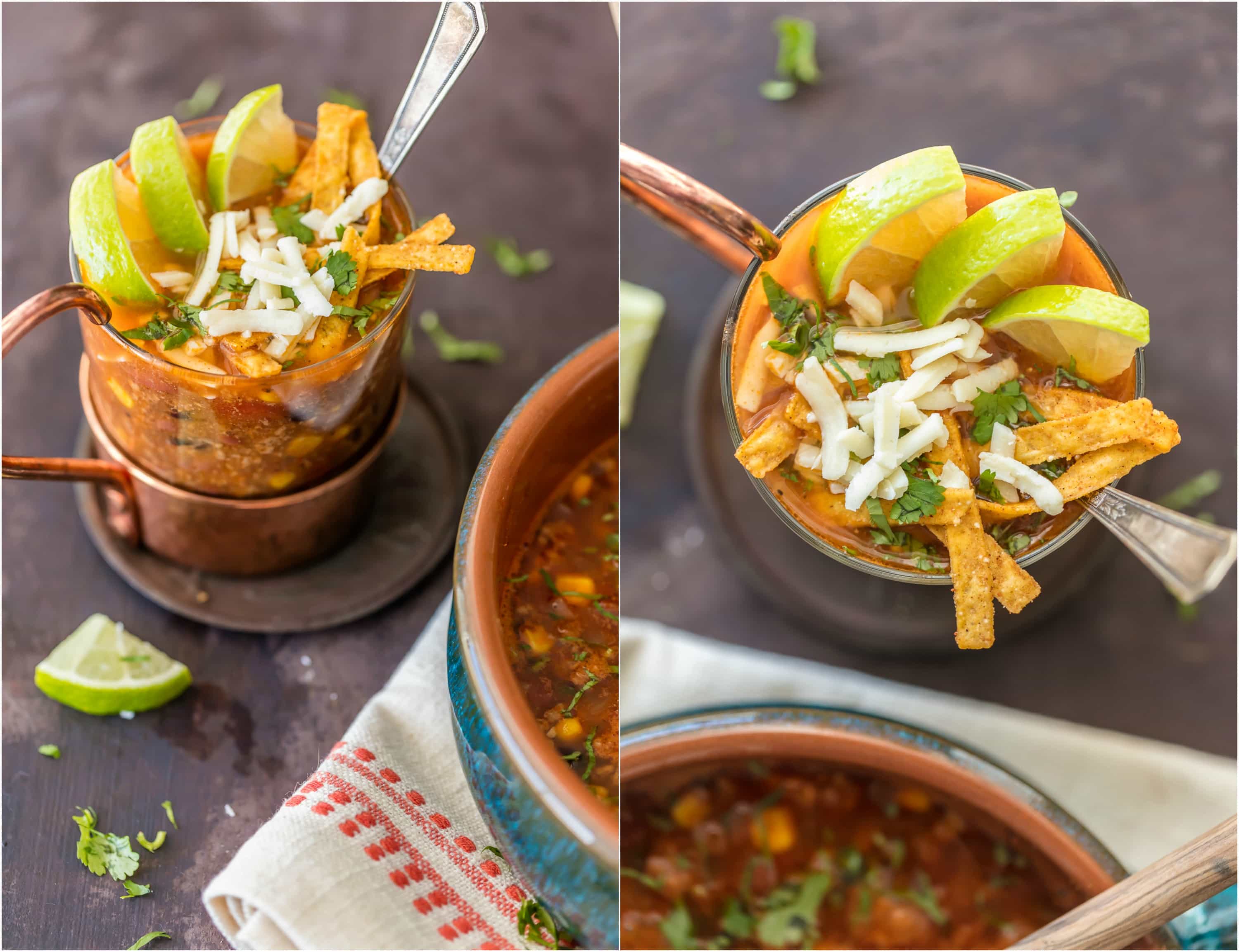 BEEF TORTILLA SOUP is such an easy and delicious comfort food! Loaded with spices, corn, tomatoes, and everything you'd expect from the perfect tortilla soup. Top with shredded cheese, tortilla strips, and all the fixings for the ultimate easy Winter meal!